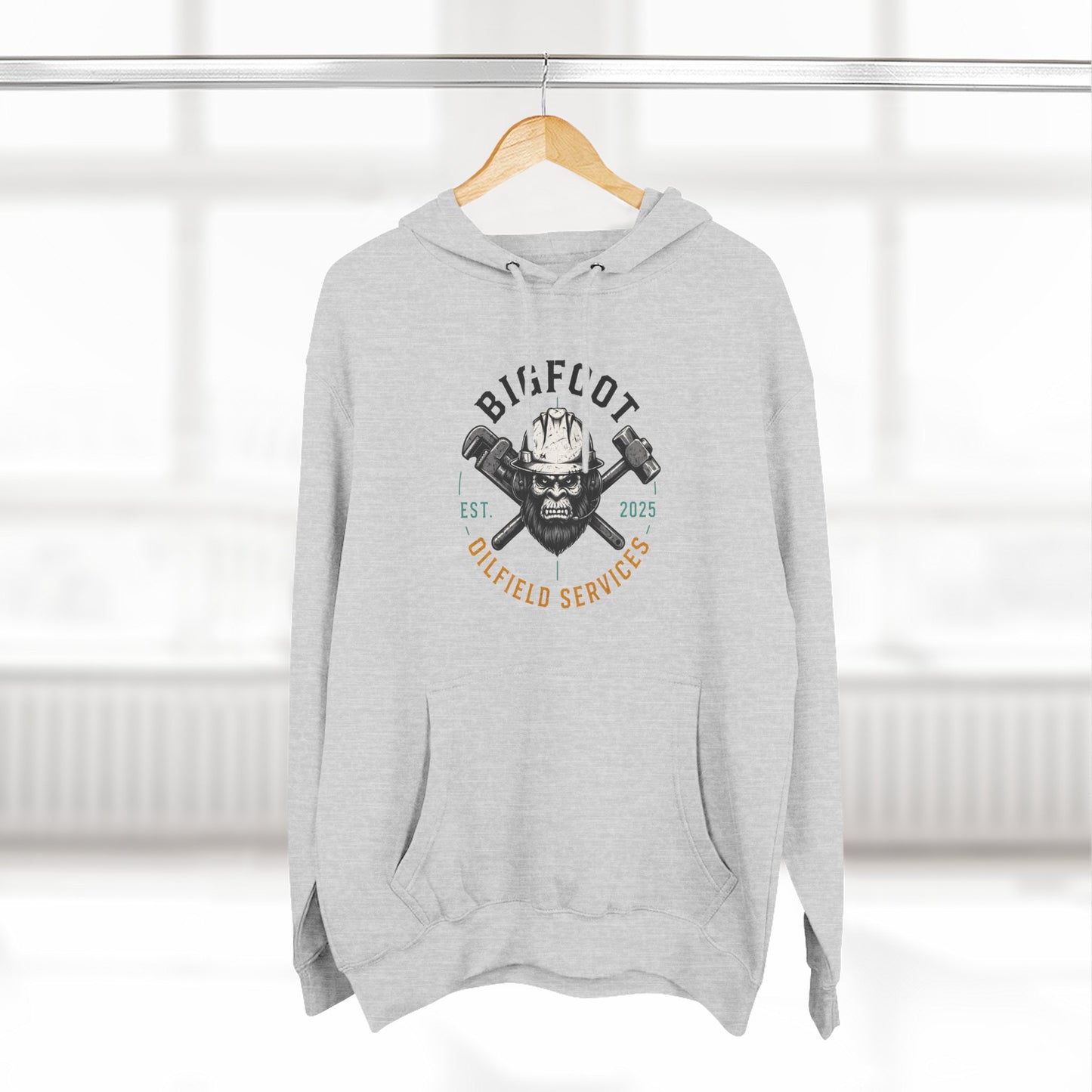 Bigfoot Oilfield Services Hoodie — Vintage Skull & Crossed Hammers Fleece Pullover