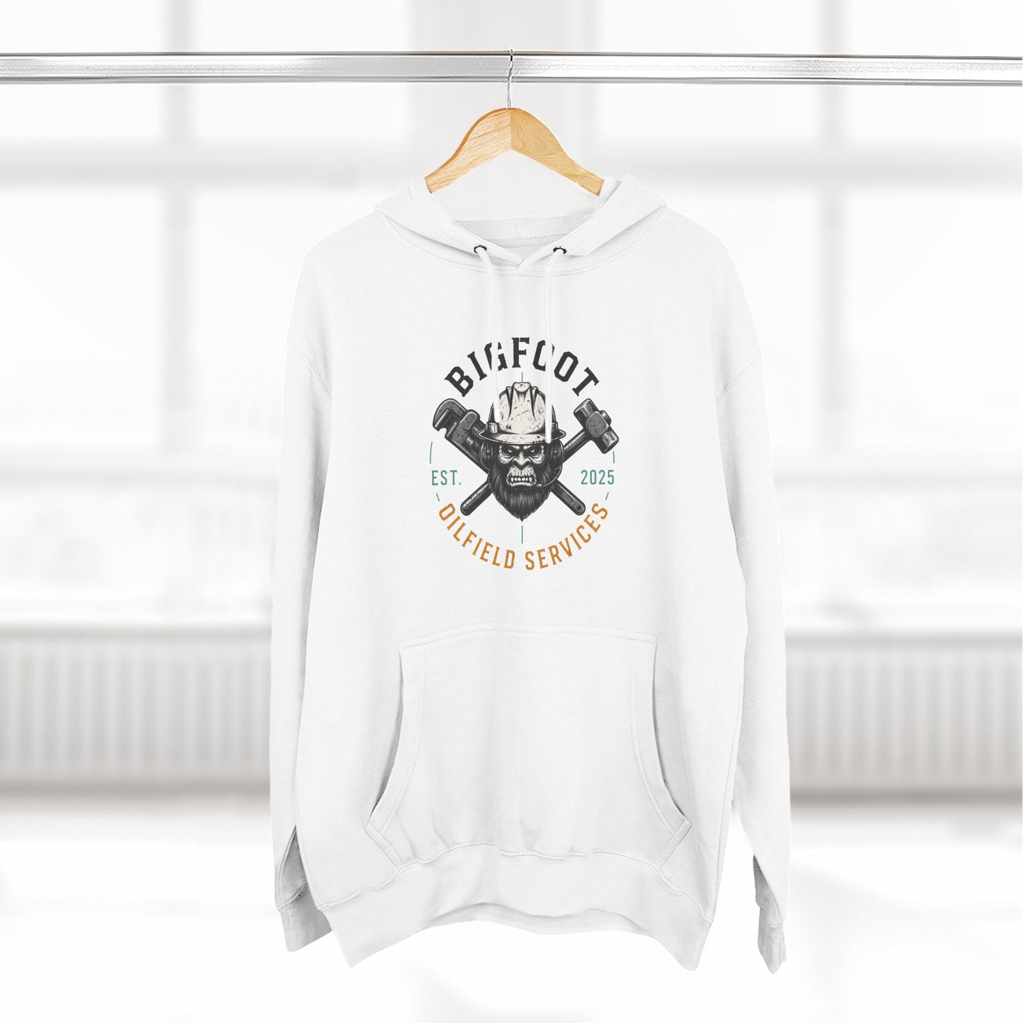 Bigfoot Oilfield Services Hoodie — Vintage Skull & Crossed Hammers Fleece Pullover