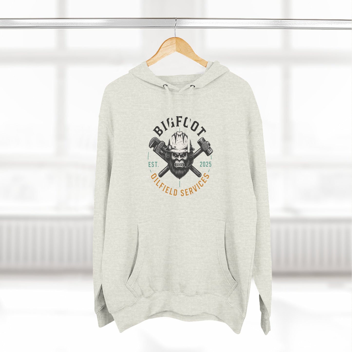 Bigfoot Oilfield Services Hoodie — Vintage Skull & Crossed Hammers Fleece Pullover