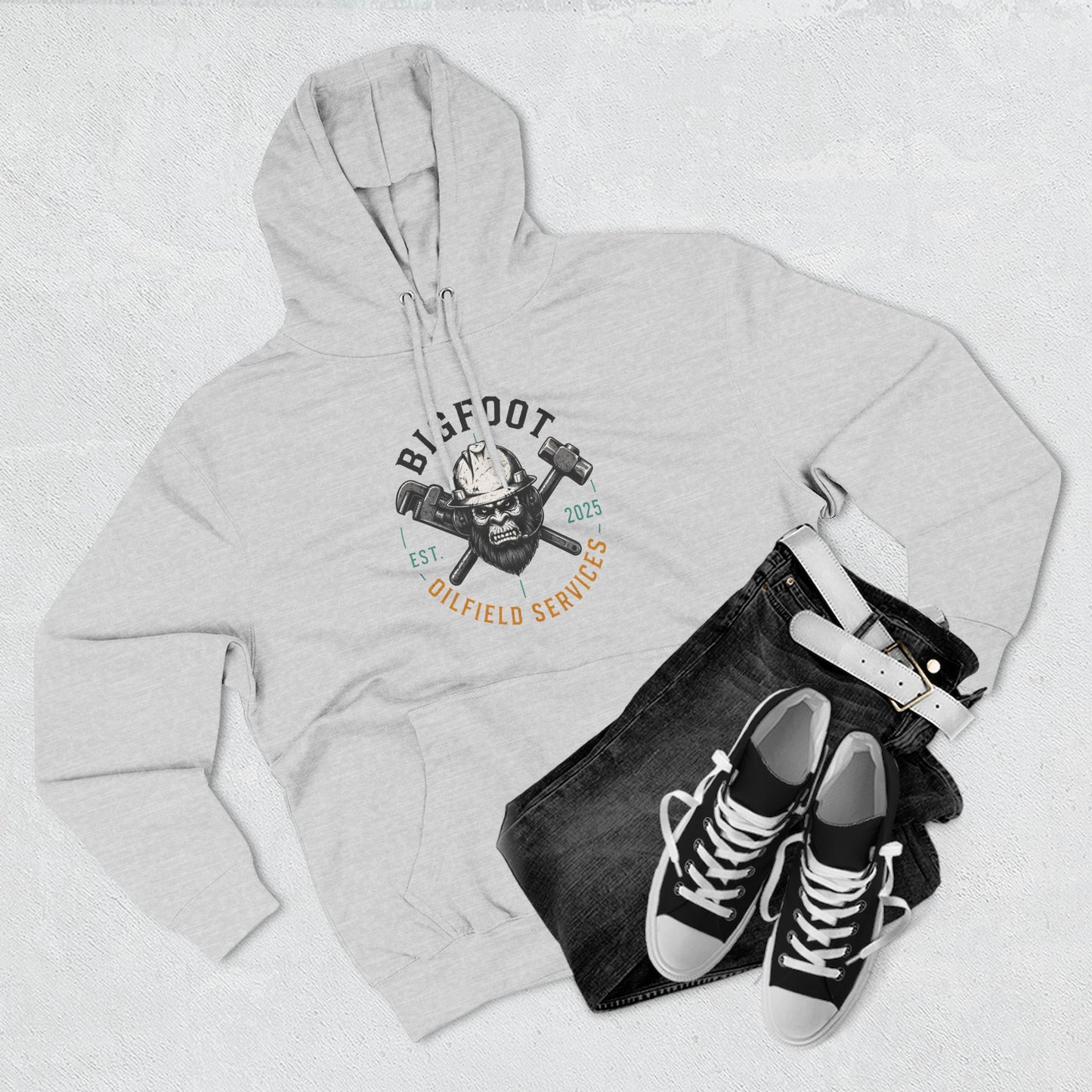 Bigfoot Oilfield Services Hoodie — Vintage Skull & Crossed Hammers Fleece Pullover