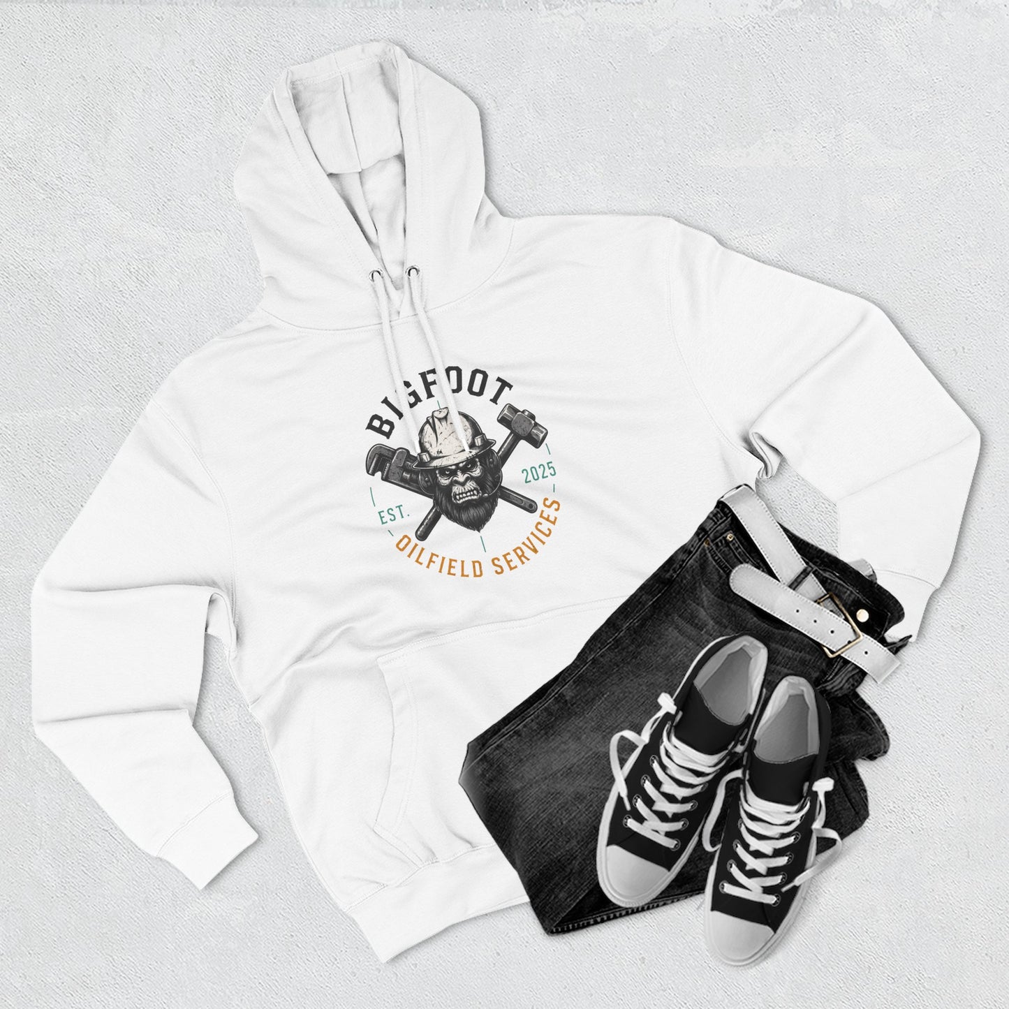 Bigfoot Oilfield Services Hoodie — Vintage Skull & Crossed Hammers Fleece Pullover