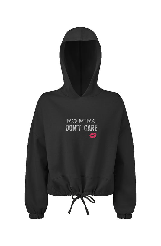 Hard Hat Hair Don't Care Ladies' Cropped Oversize Hooded Sweatshirt