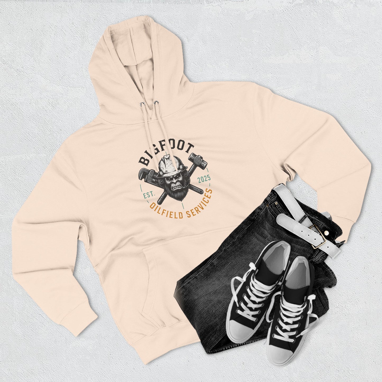 Bigfoot Oilfield Services Hoodie — Vintage Skull & Crossed Hammers Fleece Pullover