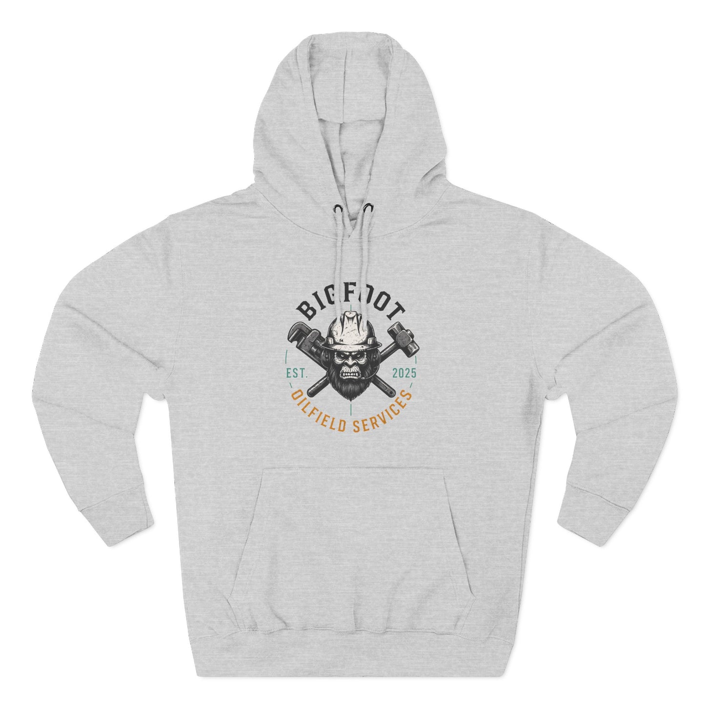 Bigfoot Oilfield Services Hoodie — Vintage Skull & Crossed Hammers Fleece Pullover