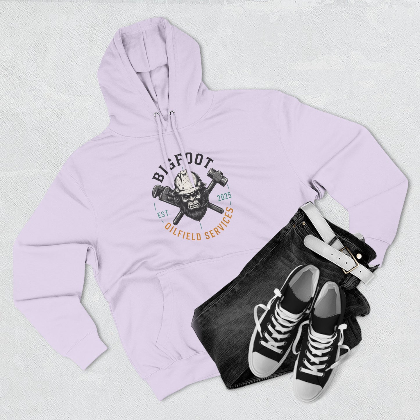 Bigfoot Oilfield Services Hoodie — Vintage Skull & Crossed Hammers Fleece Pullover
