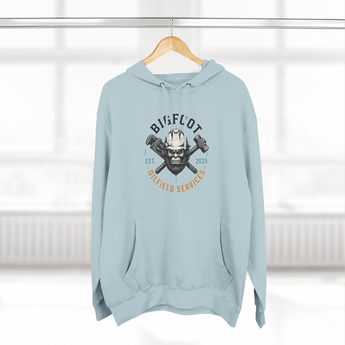 Bigfoot Oilfield Services Hoodie — Vintage Skull & Crossed Hammers Fleece Pullover