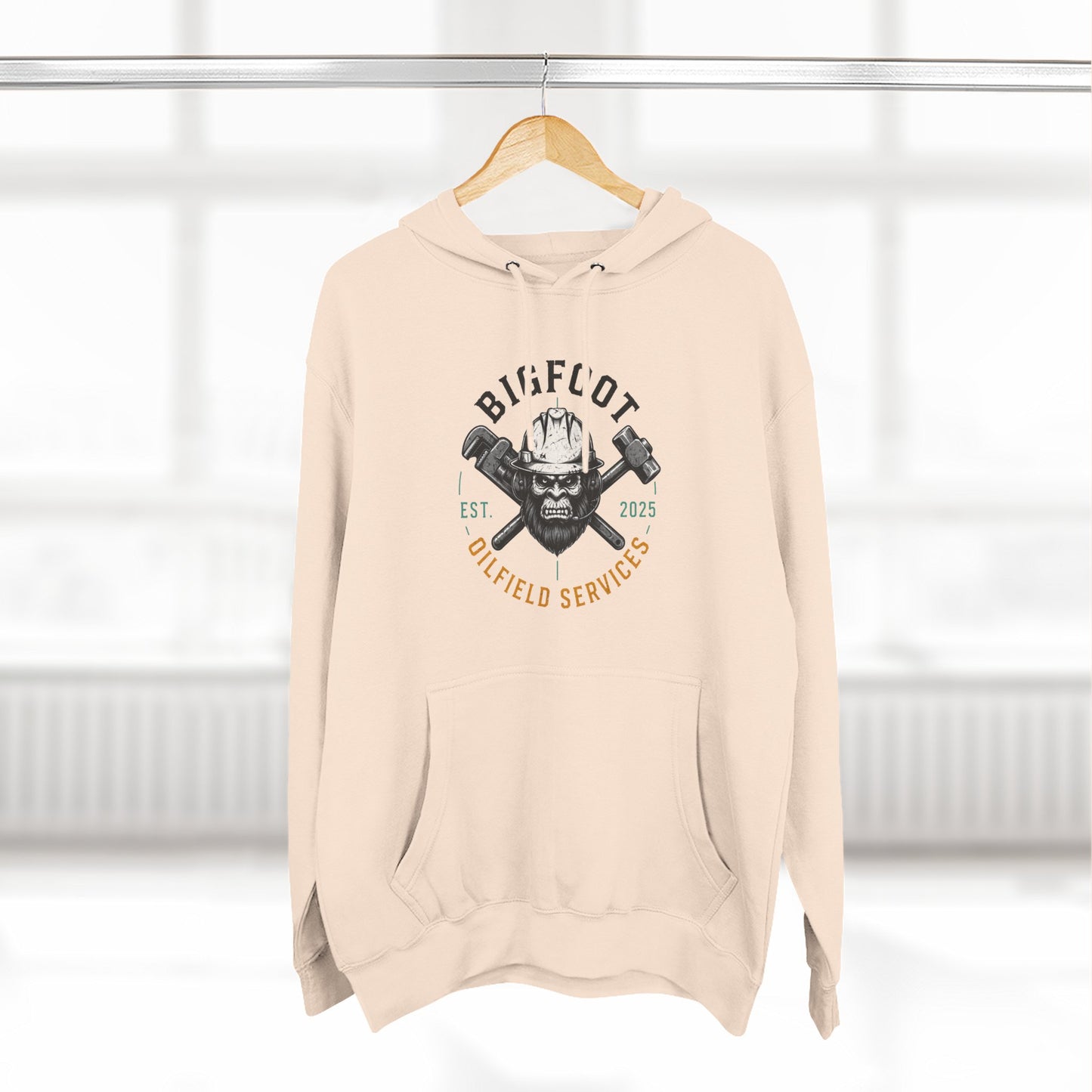 Bigfoot Oilfield Services Hoodie — Vintage Skull & Crossed Hammers Fleece Pullover